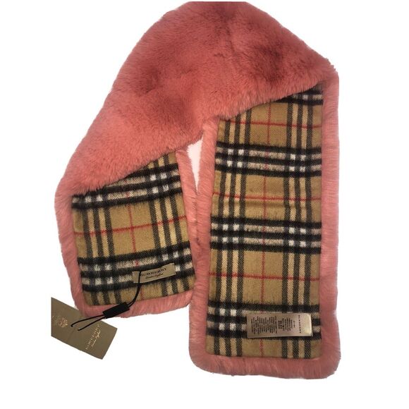 Burberry Vintage Check Cashmere Solid Pale Pink Faux Fur Scarf Italy New - Picture 1 of 11